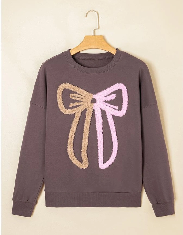 Dark Khaki Contrast Terry Bow Pattern Drop Shoulder Sweatshirt