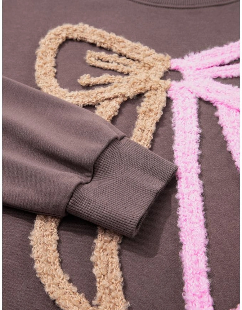Dark Khaki Contrast Terry Bow Pattern Drop Shoulder Sweatshirt