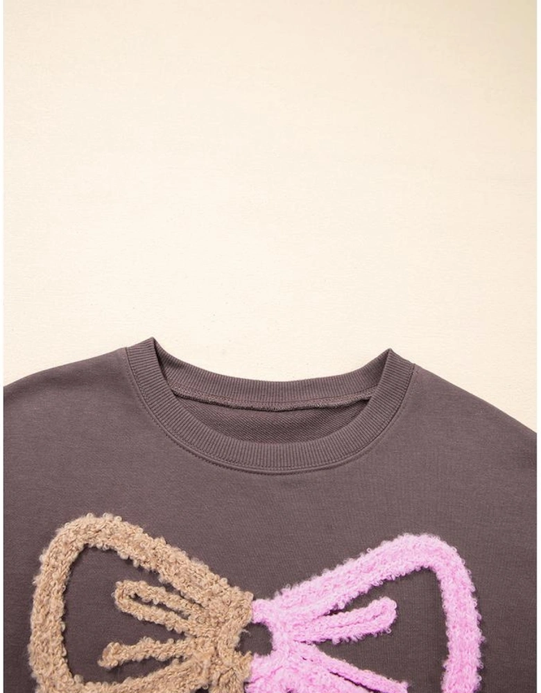 Dark Khaki Contrast Terry Bow Pattern Drop Shoulder Sweatshirt