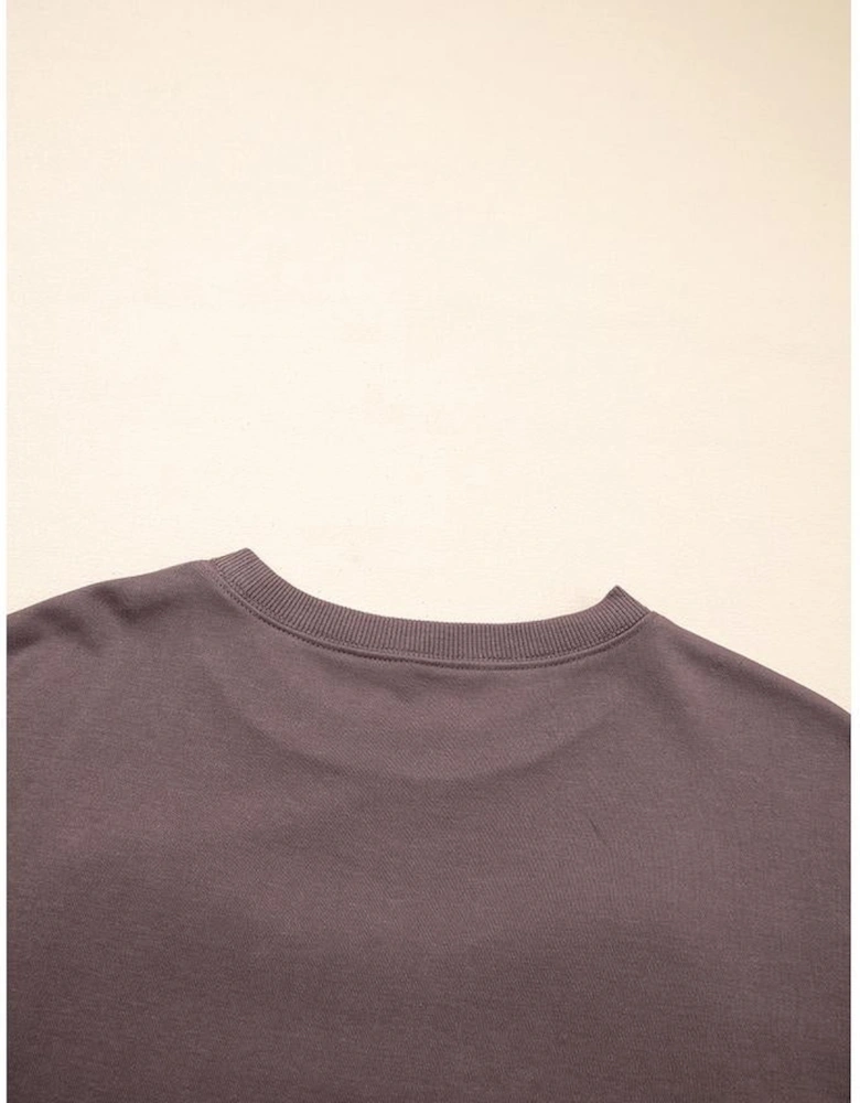 Dark Khaki Contrast Terry Bow Pattern Drop Shoulder Sweatshirt