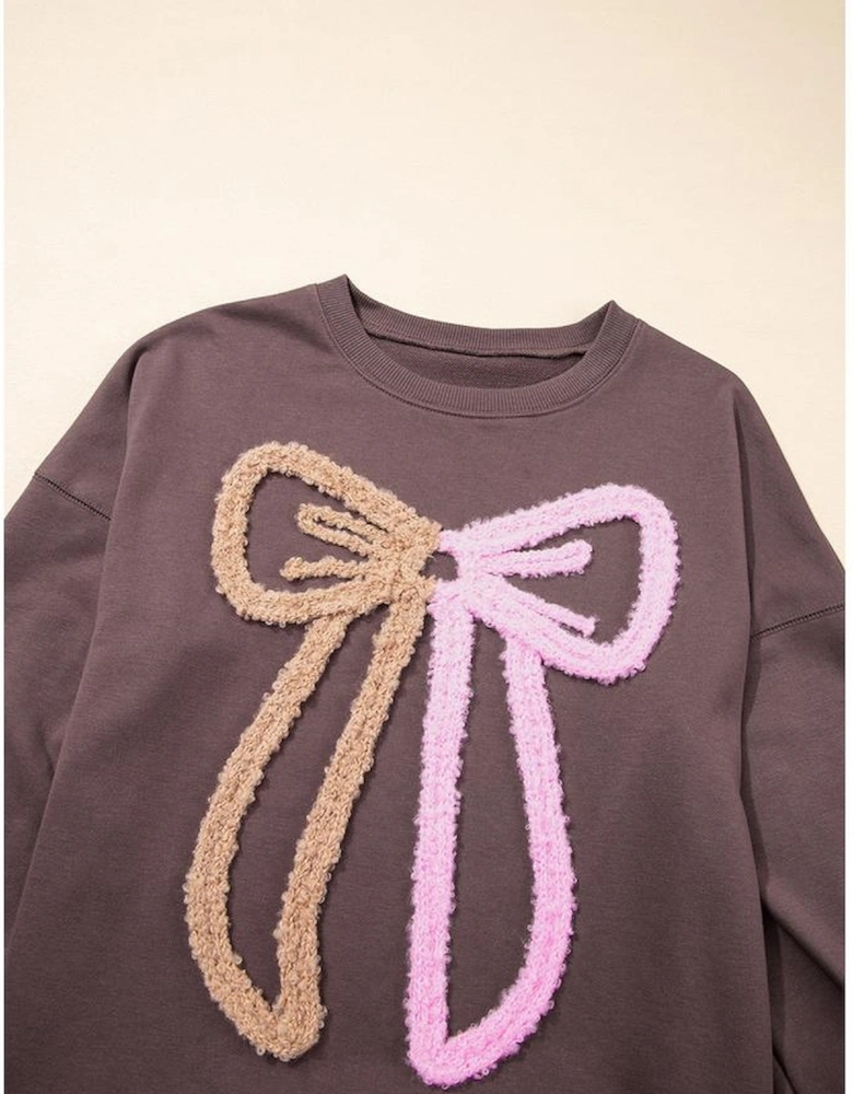 Dark Khaki Contrast Terry Bow Pattern Drop Shoulder Sweatshirt
