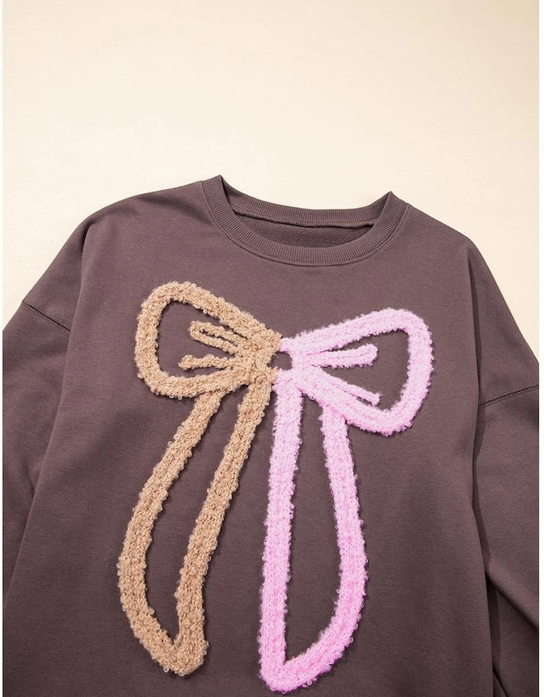 Dark Khaki Contrast Terry Bow Pattern Drop Shoulder Sweatshirt