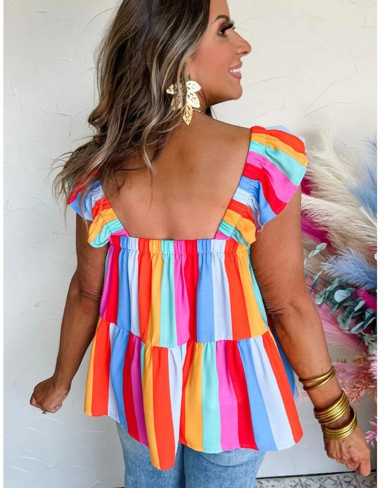 Red Stripe Ruffled Straps Babydoll Tank Top