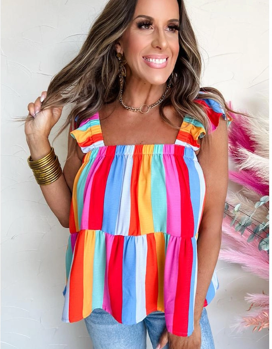 Red Stripe Ruffled Straps Babydoll Tank Top