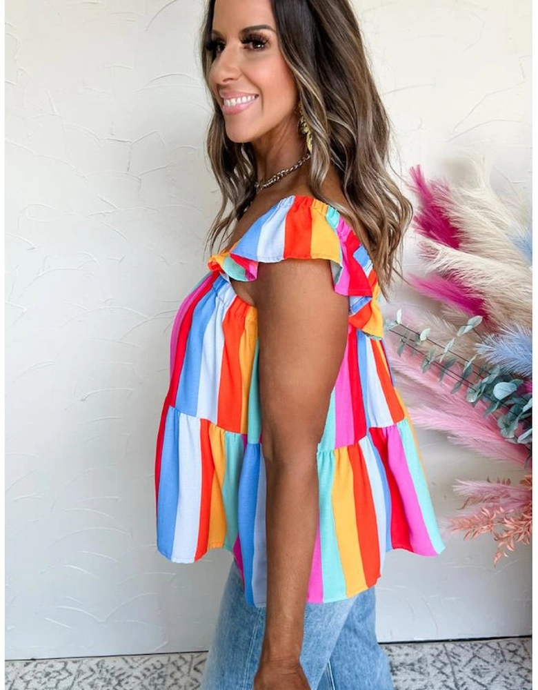 Red Stripe Ruffled Straps Babydoll Tank Top