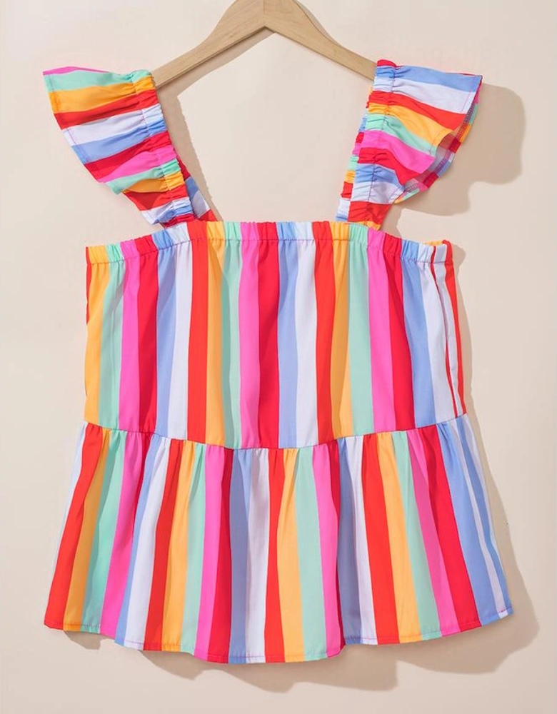 Red Stripe Ruffled Straps Babydoll Tank Top