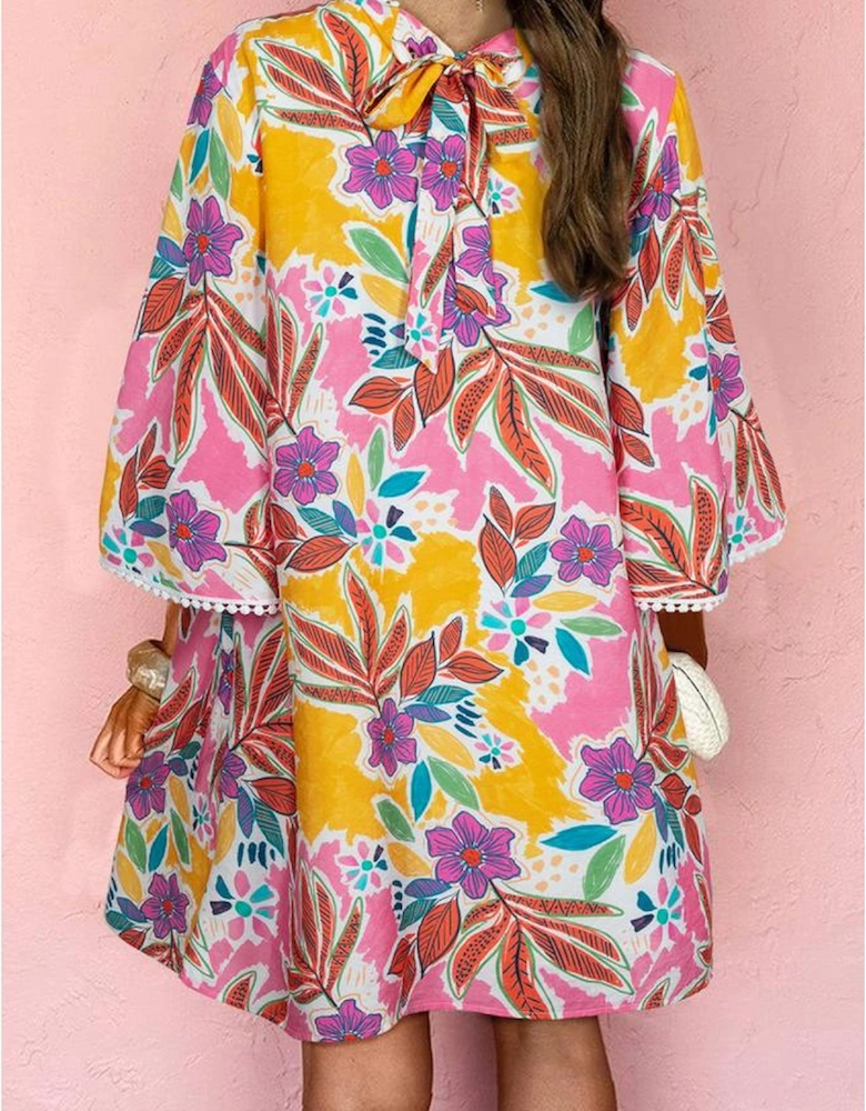 Pink Floral Print Lace Trimmed Tie Back Bell Sleeve Swing Mini Dress