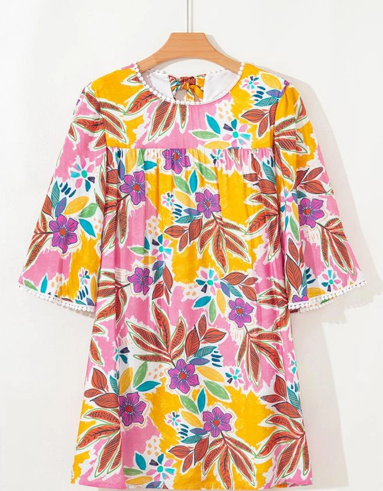 Pink Floral Print Lace Trimmed Tie Back Bell Sleeve Swing Mini Dress