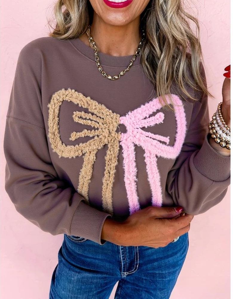 Dark Khaki Contrast Terry Bow Pattern Drop Shoulder Sweatshirt