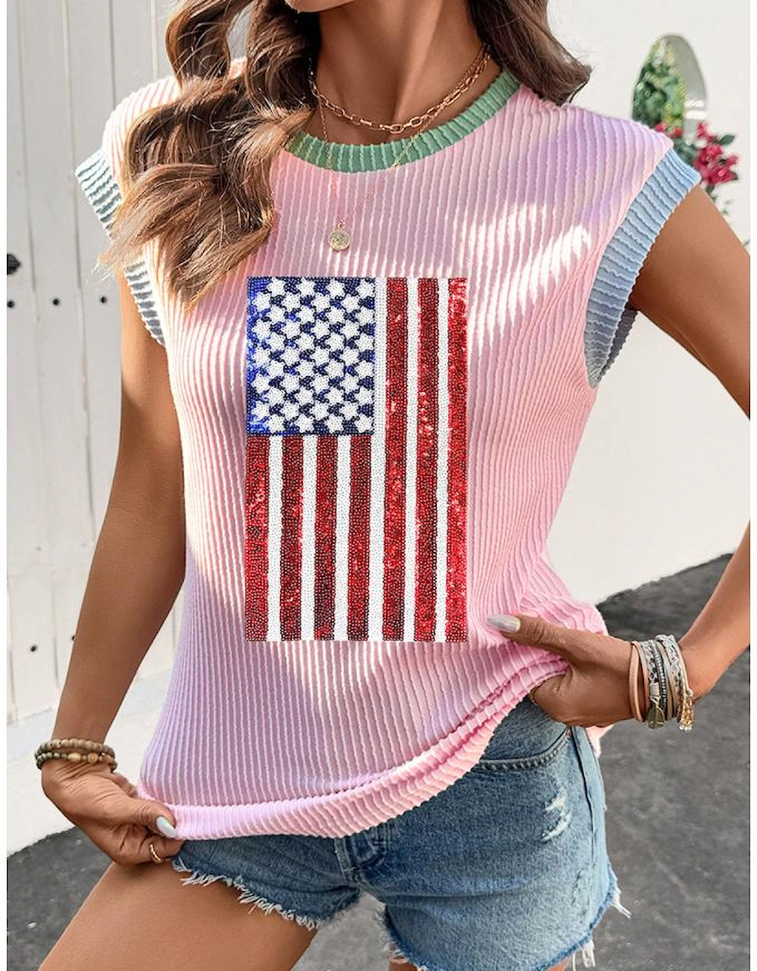 Pink Colorblock Edge Twisted Rib Texture Sequin American Flag Casual T Shirt