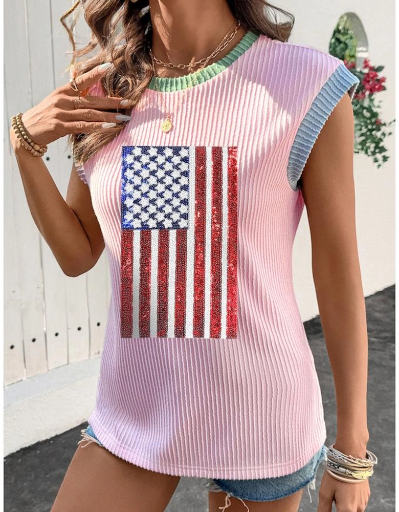 Pink Colorblock Edge Twisted Rib Texture Sequin American Flag Casual T Shirt