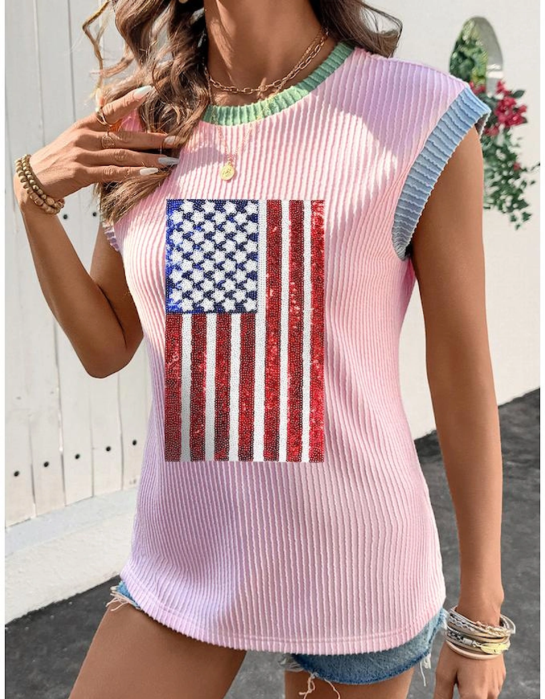 Pink Colorblock Edge Twisted Rib Texture Sequin American Flag Casual T Shirt