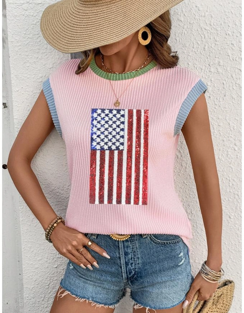 Pink Colorblock Edge Twisted Rib Texture Sequin American Flag Casual T Shirt