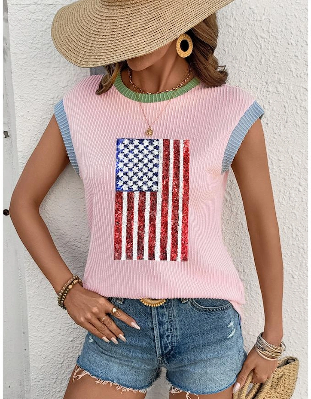 Pink Colorblock Edge Twisted Rib Texture Sequin American Flag Casual T Shirt