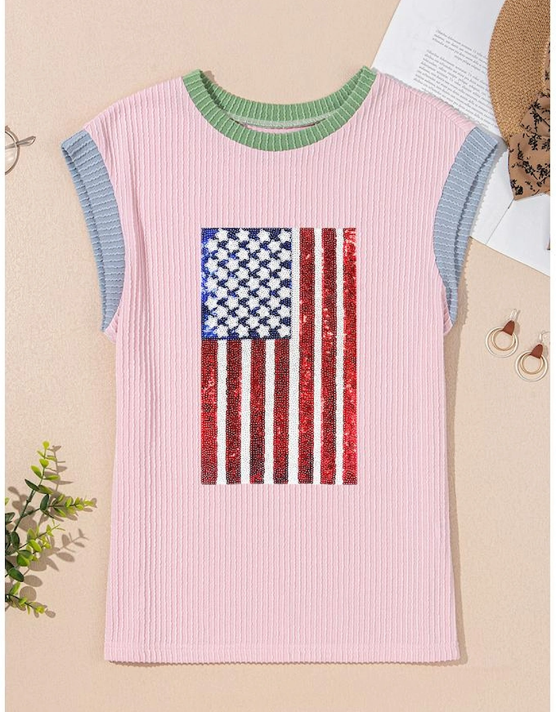 Pink Colorblock Edge Twisted Rib Texture Sequin American Flag Casual T Shirt