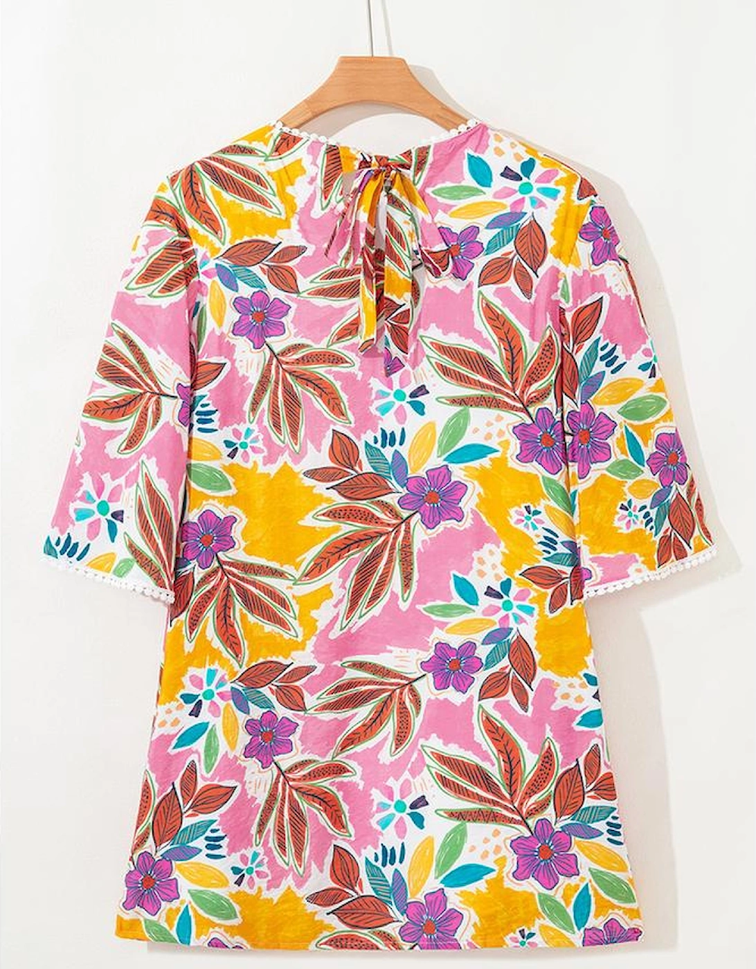 Pink Floral Print Lace Trimmed Tie Back Bell Sleeve Swing Mini Dress