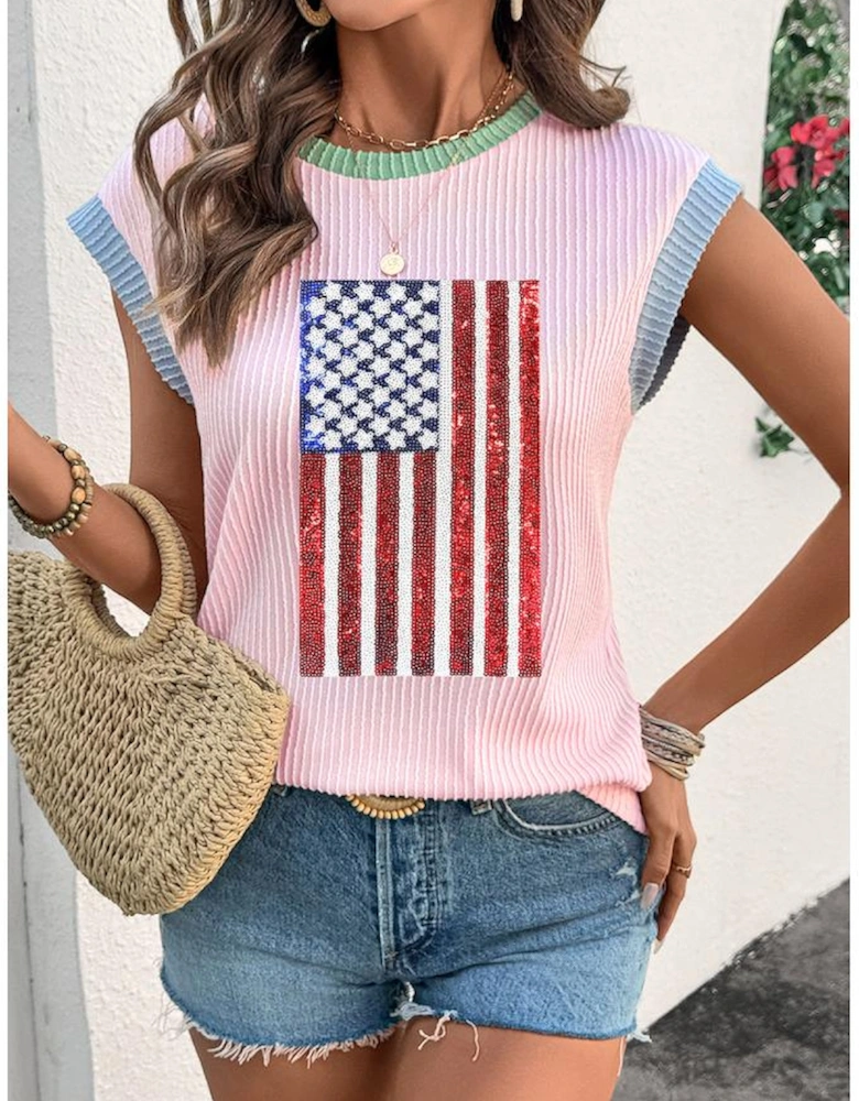 Pink Colorblock Edge Twisted Rib Texture Sequin American Flag Casual T Shirt