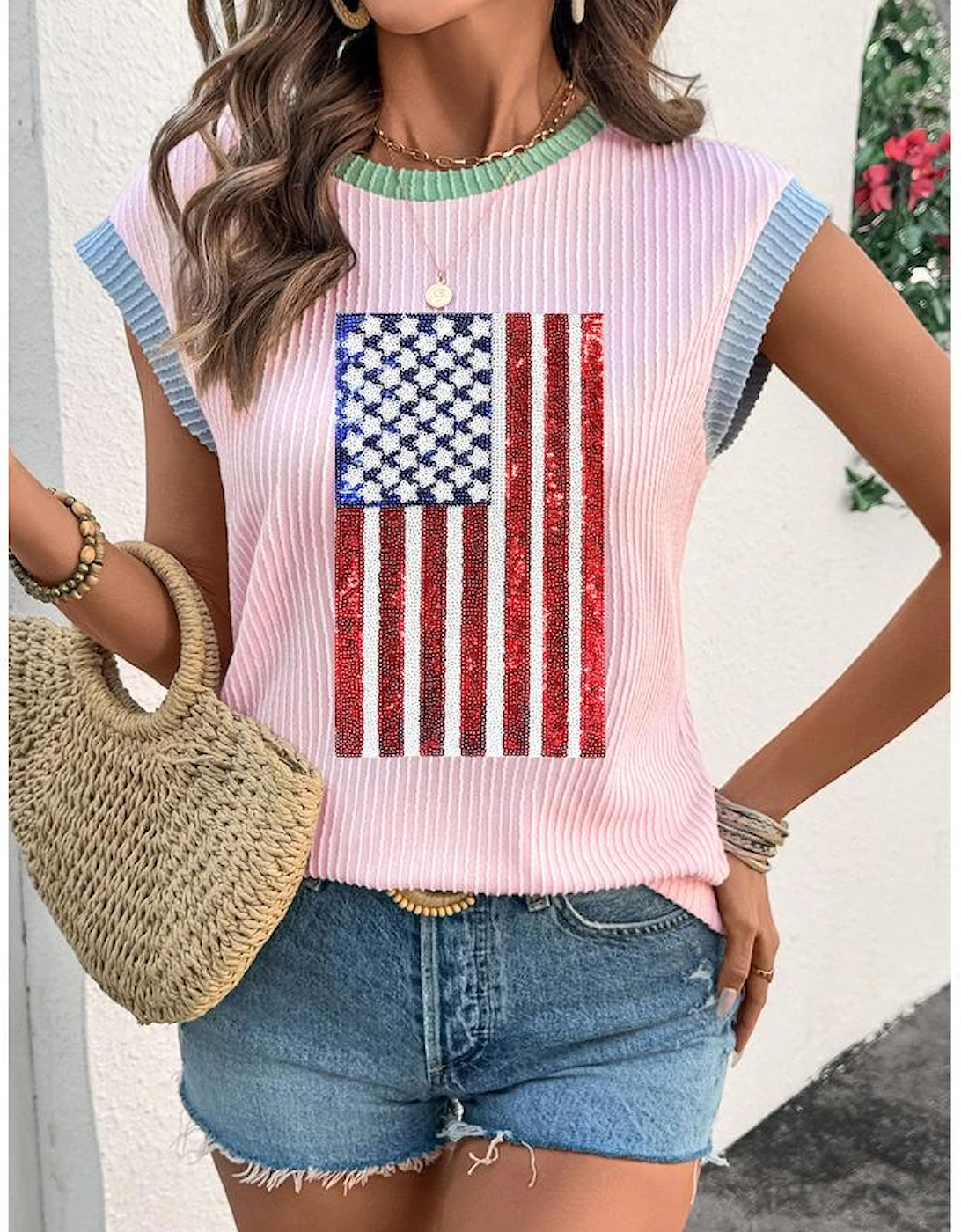 Pink Colorblock Edge Twisted Rib Texture Sequin American Flag Casual T Shirt