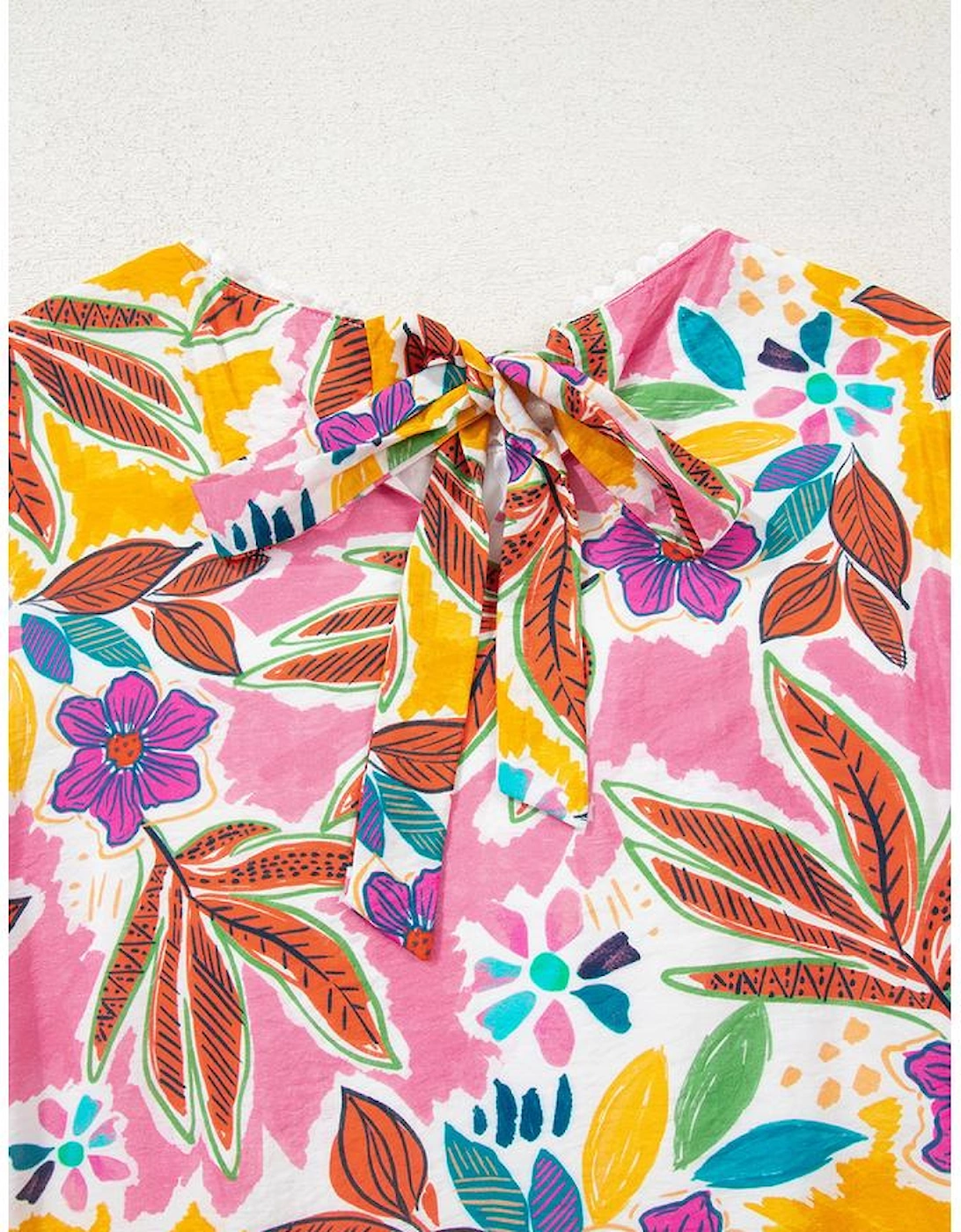 Pink Floral Print Lace Trimmed Tie Back Bell Sleeve Swing Mini Dress