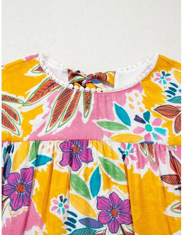 Pink Floral Print Lace Trimmed Tie Back Bell Sleeve Swing Mini Dress