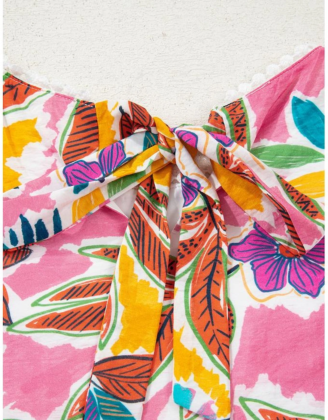 Pink Floral Print Lace Trimmed Tie Back Bell Sleeve Swing Mini Dress