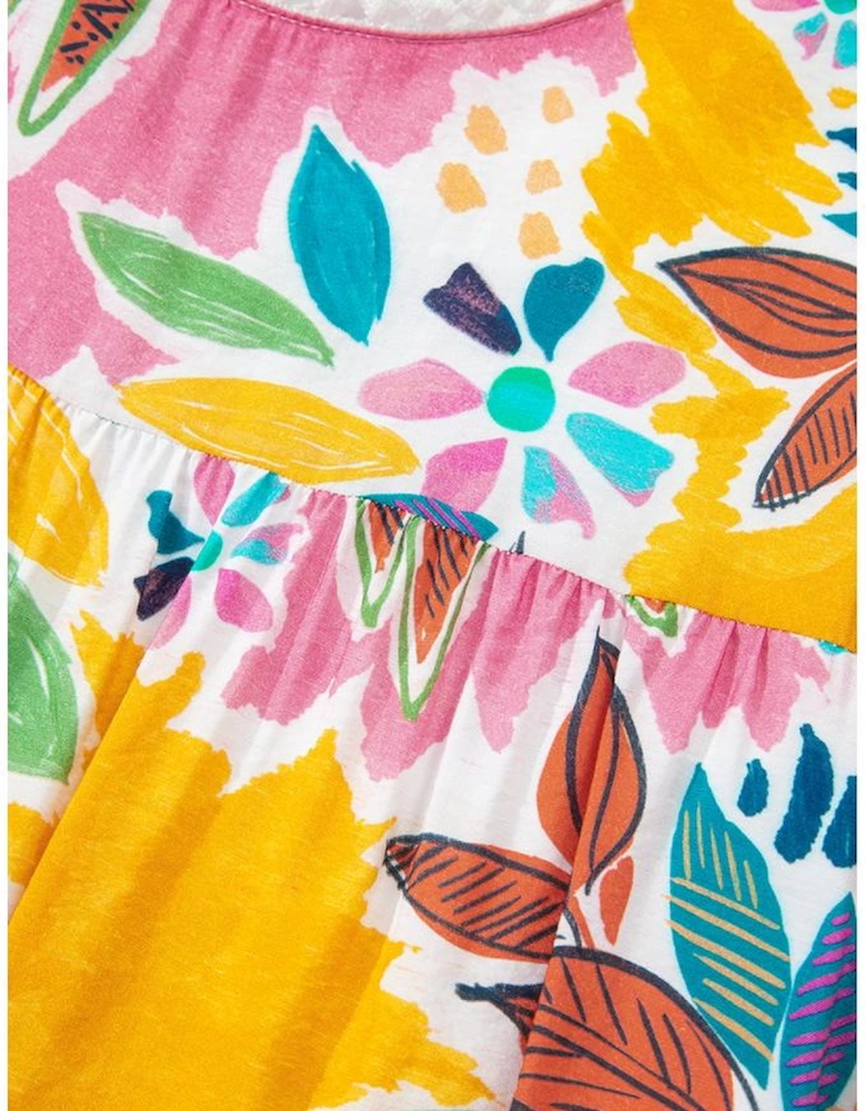 Pink Floral Print Lace Trimmed Tie Back Bell Sleeve Swing Mini Dress