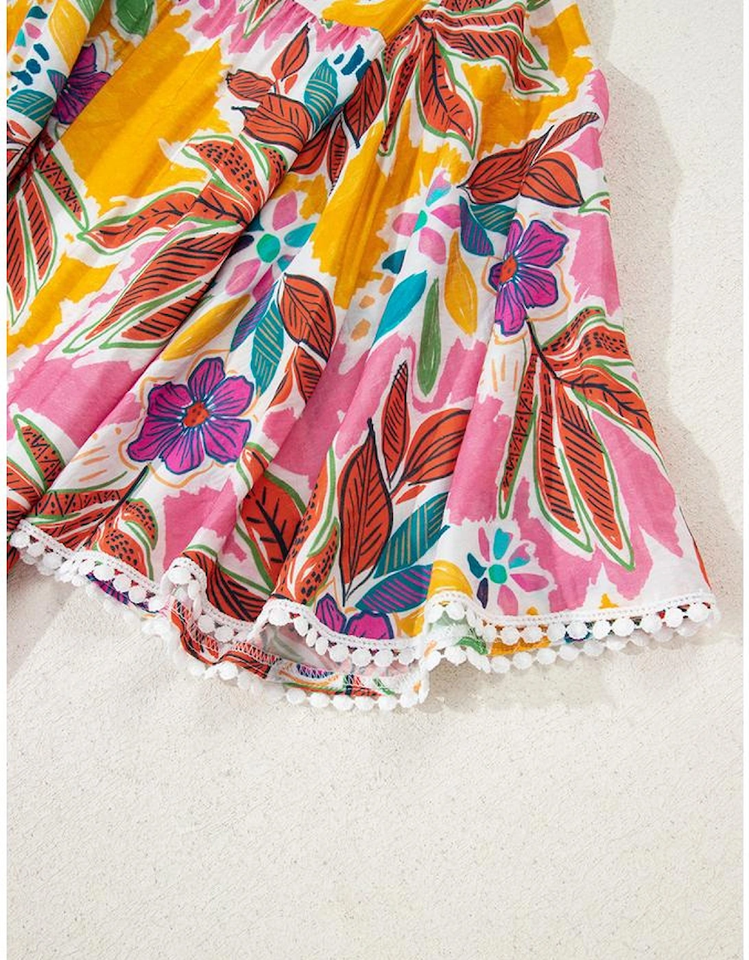 Pink Floral Print Lace Trimmed Tie Back Bell Sleeve Swing Mini Dress