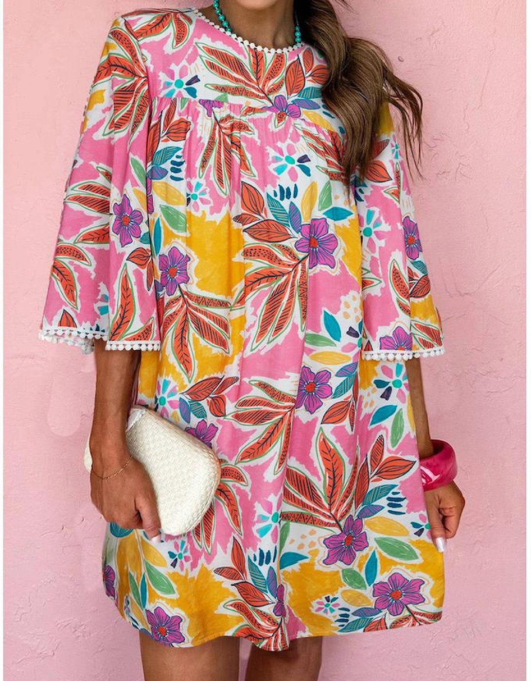 Pink Floral Print Lace Trimmed Tie Back Bell Sleeve Swing Mini Dress