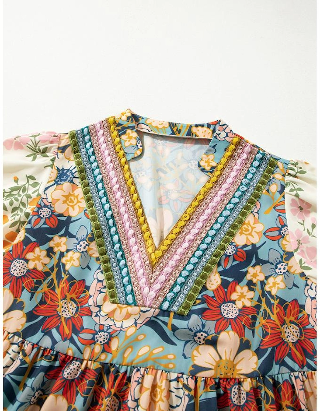 Multicolour Boho Floral Print Crochet Patchwork V Neck Loose Mini Dress