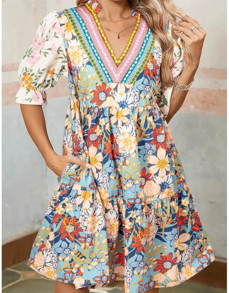 Multicolour Boho Floral Print Crochet Patchwork V Neck Loose Mini Dress