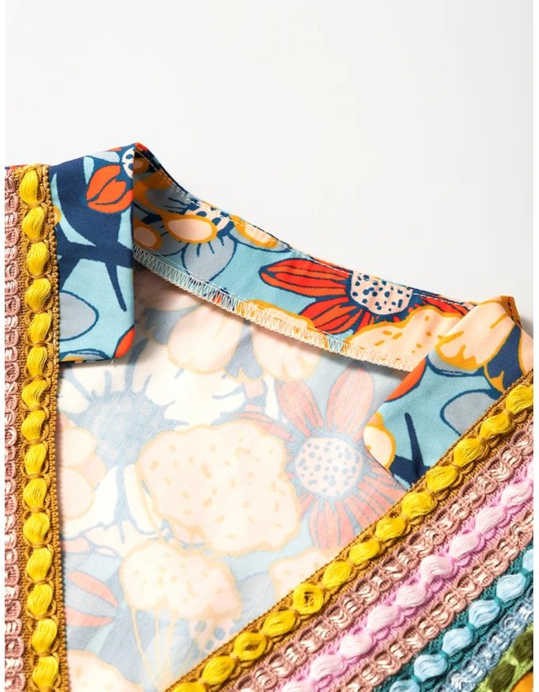 Multicolour Boho Floral Print Crochet Patchwork V Neck Loose Mini Dress