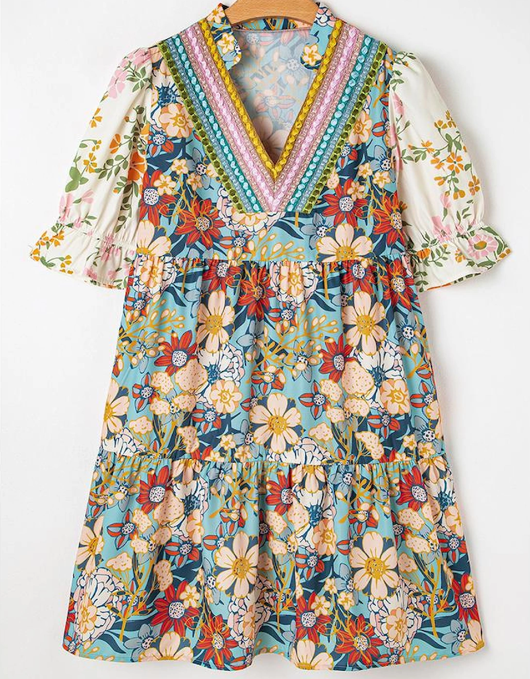 Multicolour Boho Floral Print Crochet Patchwork V Neck Loose Mini Dress