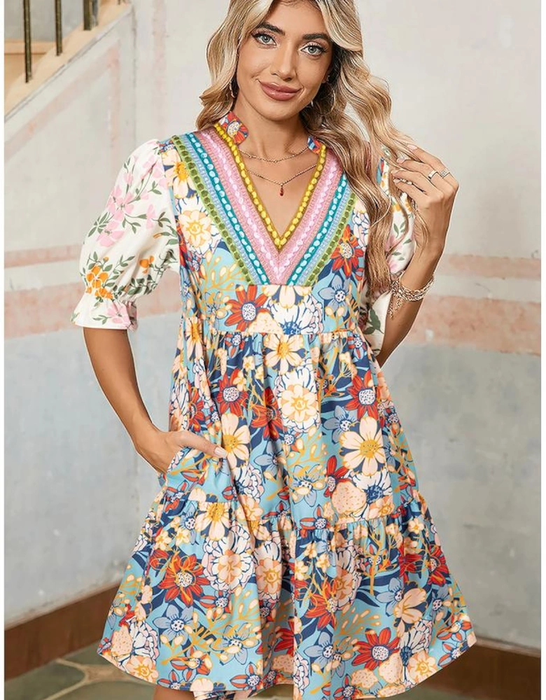Multicolour Boho Floral Print Crochet Patchwork V Neck Loose Mini Dress