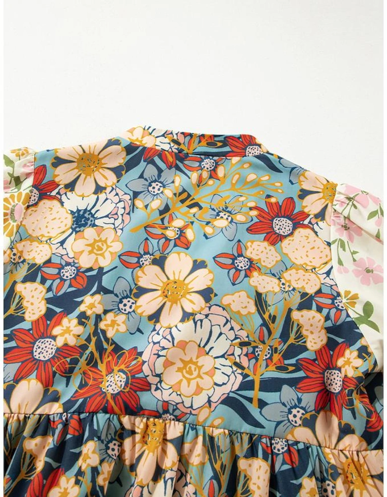 Multicolour Boho Floral Print Crochet Patchwork V Neck Loose Mini Dress