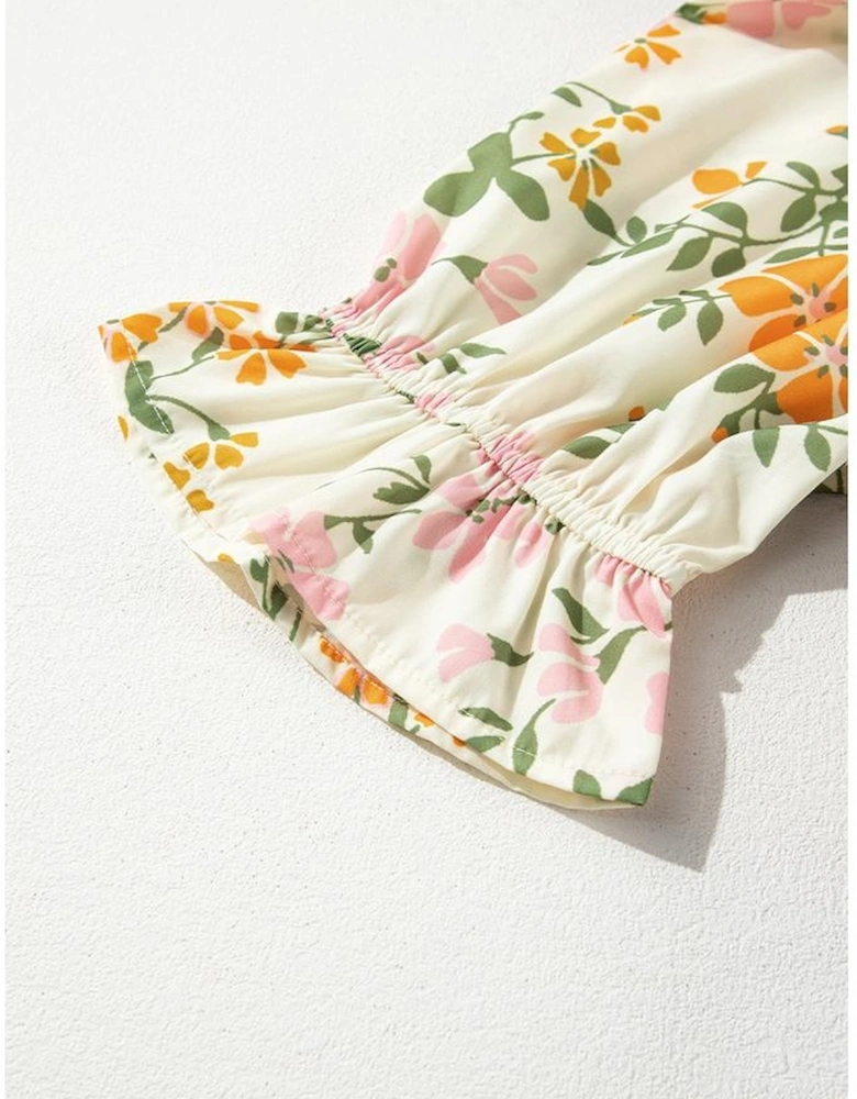 Multicolour Boho Floral Print Crochet Patchwork V Neck Loose Mini Dress