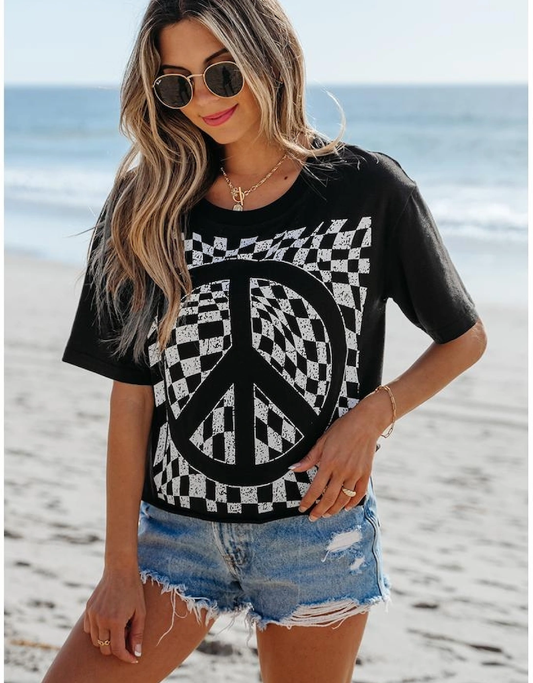 Black Checkerboard Peace Sign Printed Round Neck T Shirt