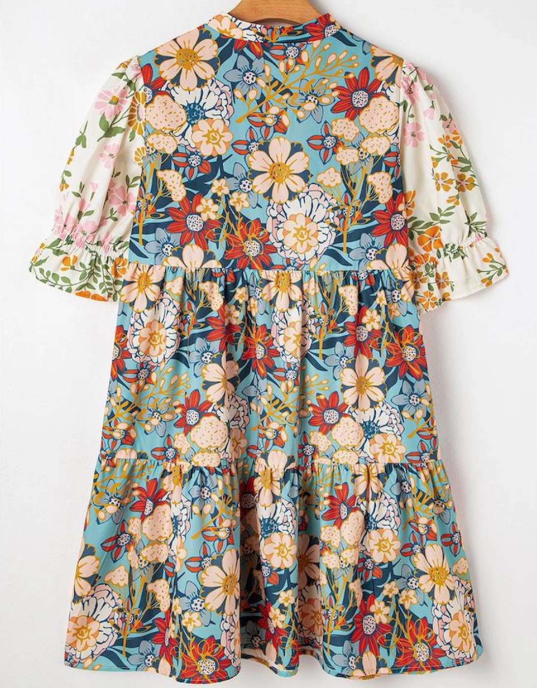 Multicolour Boho Floral Print Crochet Patchwork V Neck Loose Mini Dress