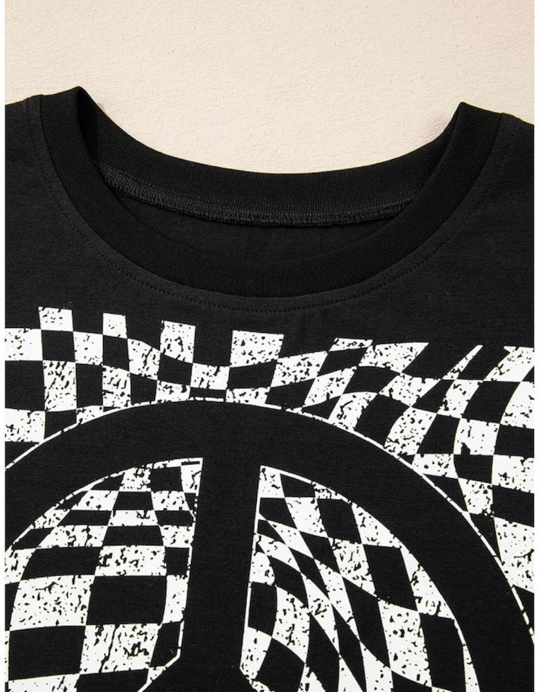 Black Checkerboard Peace Sign Printed Round Neck T Shirt