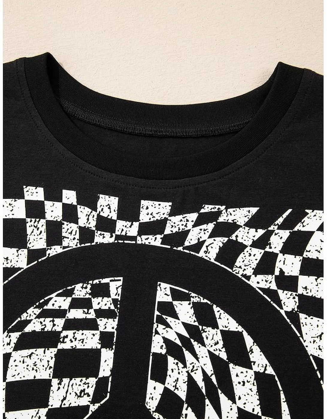 Black Checkerboard Peace Sign Printed Round Neck T Shirt, 16 of 15