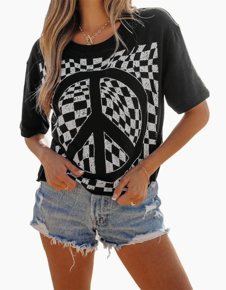 Black Checkerboard Peace Sign Printed Round Neck T Shirt