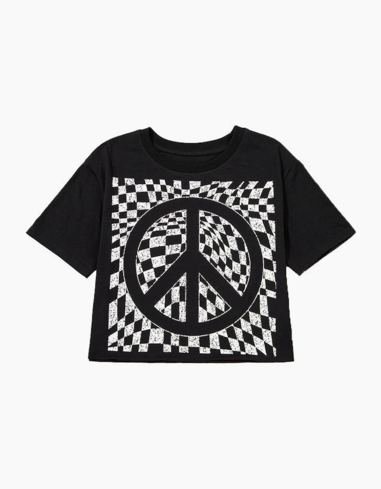 Black Checkerboard Peace Sign Printed Round Neck T Shirt