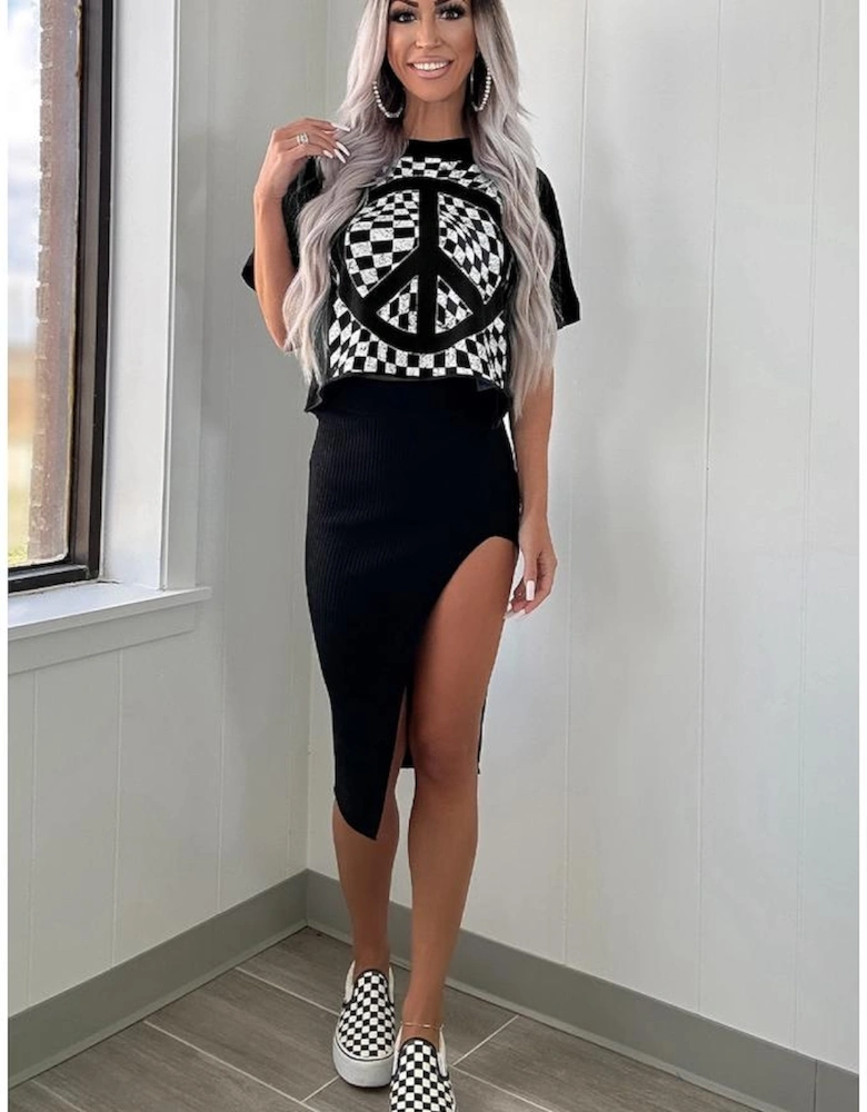 Black Checkerboard Peace Sign Printed Round Neck T Shirt