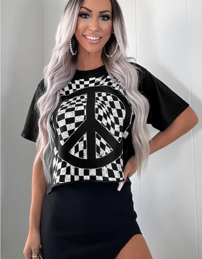 Black Checkerboard Peace Sign Printed Round Neck T Shirt