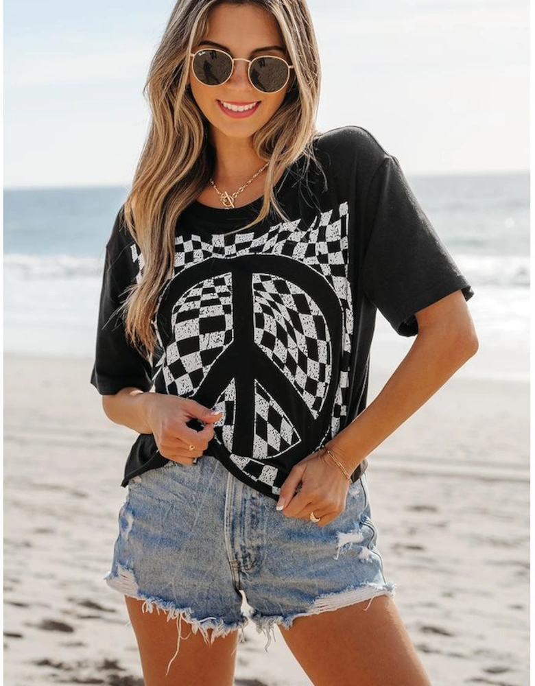 Black Checkerboard Peace Sign Printed Round Neck T Shirt