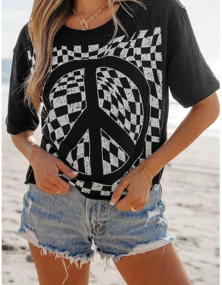 Black Checkerboard Peace Sign Printed Round Neck T Shirt