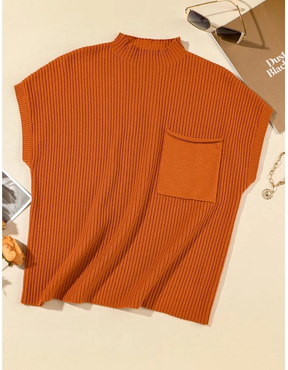 Gold Flame Patch Pocket Ribbed Knit Short Sleeve Sweater, 14 of 13