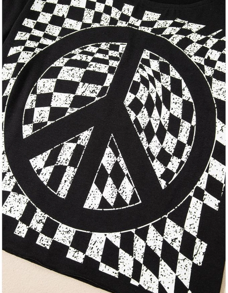 Black Checkerboard Peace Sign Printed Round Neck T Shirt