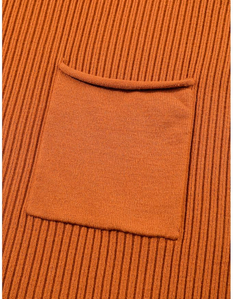 Gold Flame Patch Pocket Ribbed Knit Short Sleeve Sweater