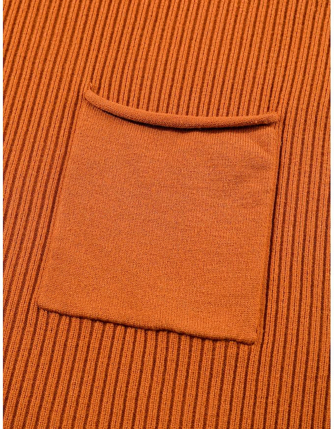 Gold Flame Patch Pocket Ribbed Knit Short Sleeve Sweater