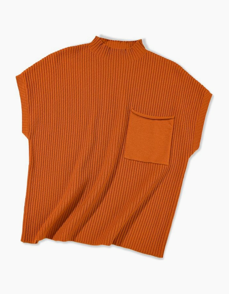 Gold Flame Patch Pocket Ribbed Knit Short Sleeve Sweater